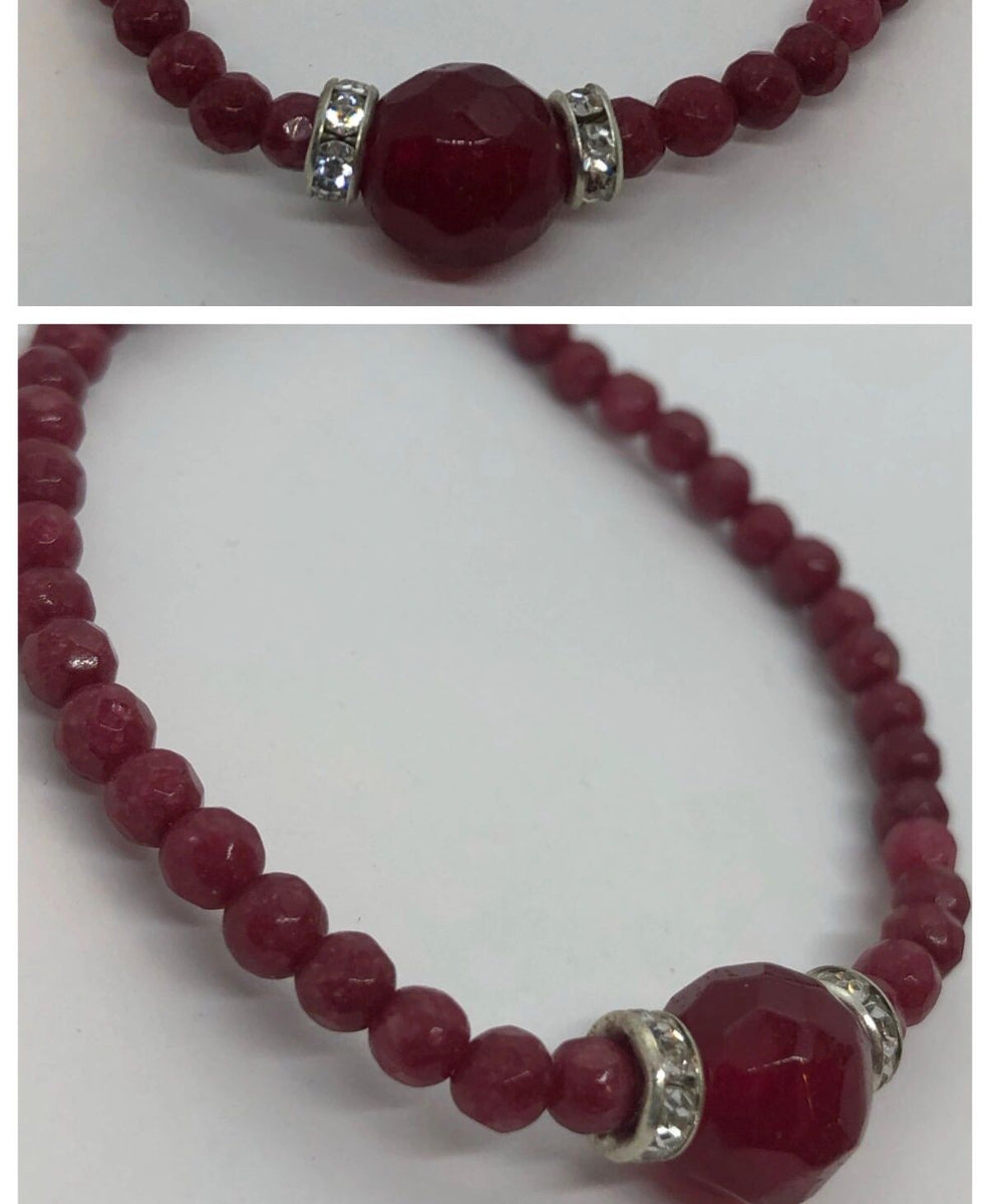 Small Faceted Ruby Crystal Beaded Bracelet with Diamanté Ruby Centrepi