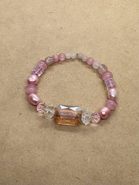 Pink Pearl, Clear Quartz and Cat’s Eye Bracelet