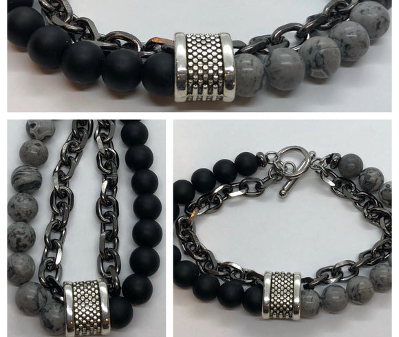 Grey Jasper, Matte Black and Chain Bracelet