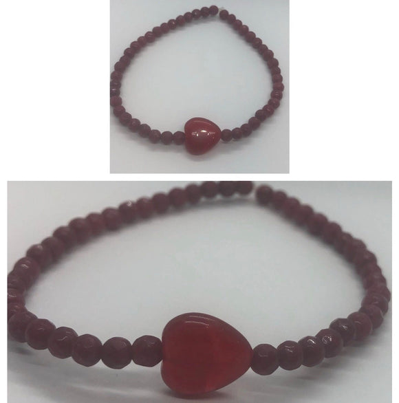 Faceted Ruby Crystal Beaded Bracelet With Red Jade Heart