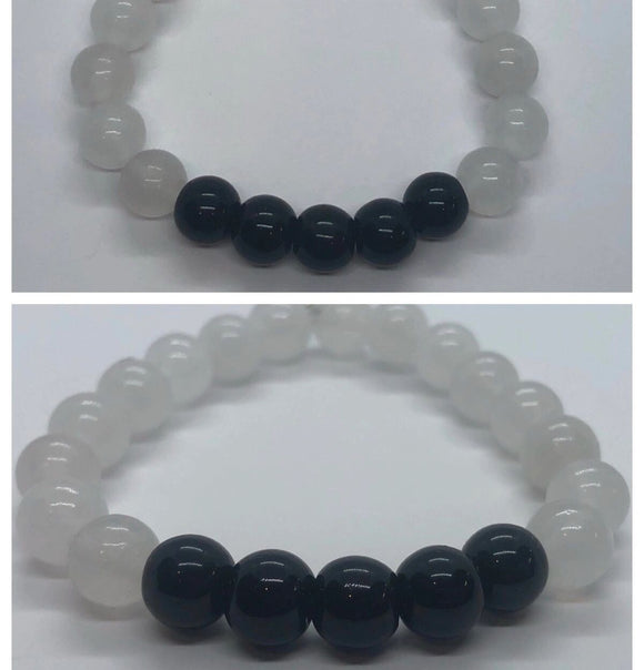 Moonstone Crystal Beaded & Black Onyx Beaded Bracelet