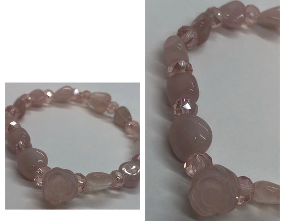 Rose Quartz Crystal Beaded Bracelet with Faceted Spacers and Rose Feature