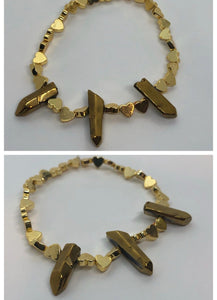 Hematite Crystal Hearts Beaded Bracelet with Gold Aura Quartz Crystals