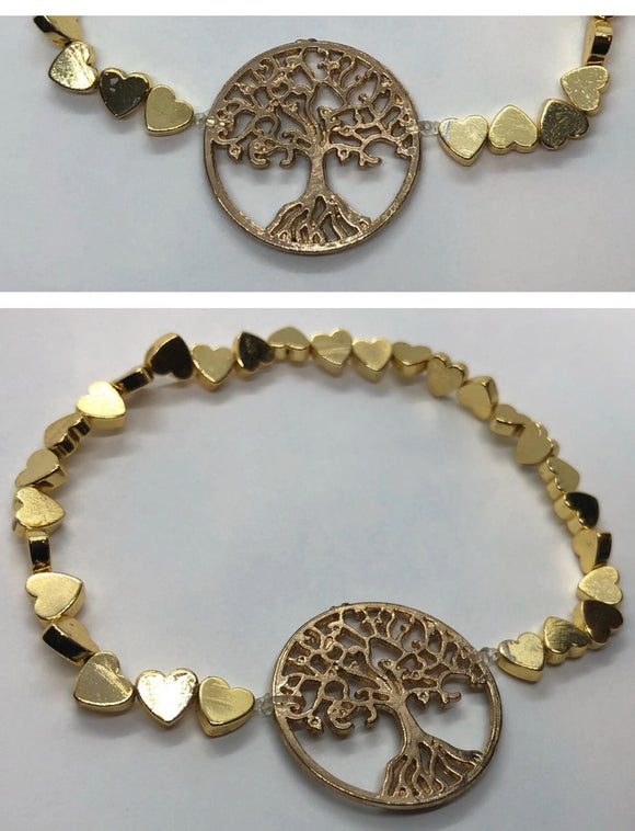 Gold Hematite Crystal Beaded Bracelet with Tree of Life