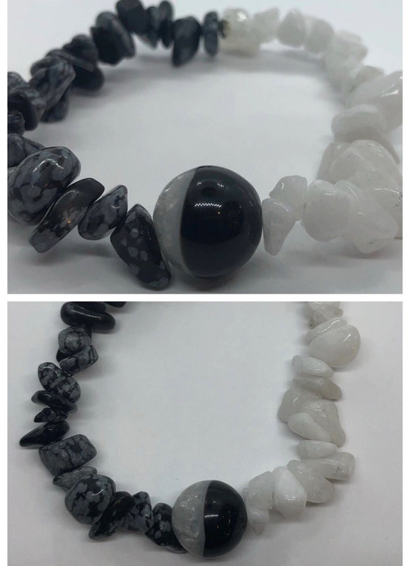 Snowflake Obsidian, White Jade and Agate Bracelet