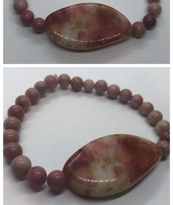 Rhodochrosite Crystal Beaded Bracelet with Agate Crystal Centrepiece