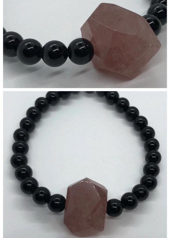 Black Onyx Crystal Beaded Bracelet with Faceted Lepidolite Centrepiece