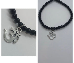 Black Obsidian Crystal Beaded Bracelet with Om Symbol Charm 🕉
