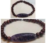 Red Wood Beaded Bracelet with Amethyst Crystal Centrepiece