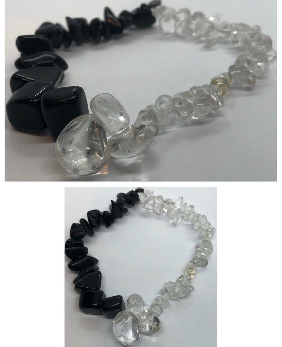 Black Tourmaline Crystal & Clear Quartz Crystal Beaded Chips Bracelet