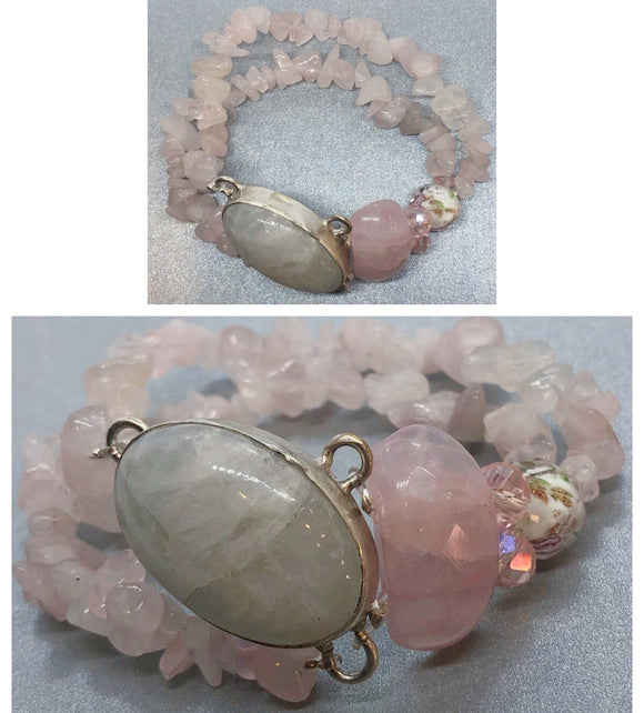 Moonstone Crystal Bracelet set in 925 Silver with Rose Quartz Crystal Chips Beaded Bracelet