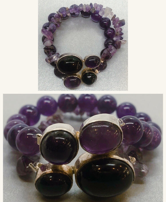 Amethyst Bracelet Set in 925 Silver with Amethyst Crystal Beaded Double Strand Bracelet