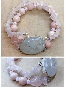 Moonstone set Bracelet in 925 Silver with Pink Opal & Rose Quartz Crystal Beaded Double Strand Bracelet