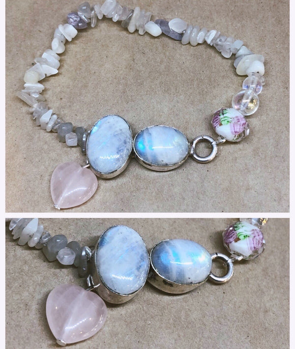 Moonstone Bracelet set in 925 Silver with Rose Quartz Heart Charm and Moonstone Crystal Chips Beaded Bracelet