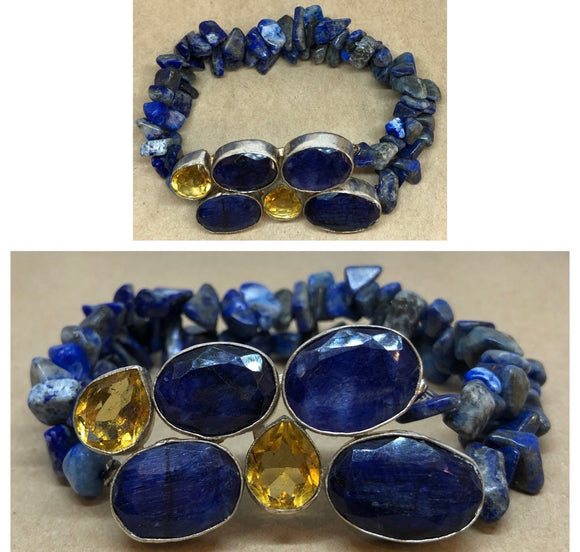 Blue Sapphire & Citrine Bracelet Set in 925 Silver with Lapis Lazuli Crystal Beaded Double Strand Bracelet