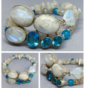 Moonstone and Blue Topaz set in 925 Silver with Double Stranded Moonstone, Blue Agate & Opalite Crystal Beaded Bracelet