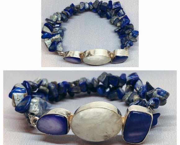 Moonstone & Blue Shell Bracelet Set in 925 Silver with Lapis Lazuli Beaded Double Strand Bracelet