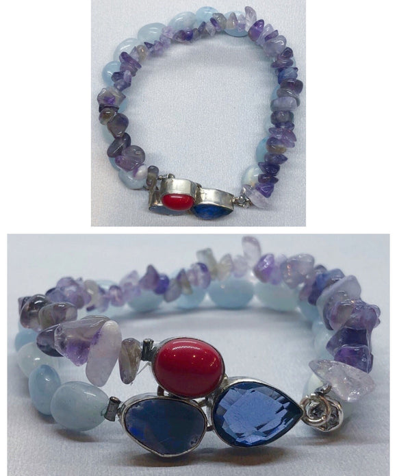 Tanzanite, Red Coral & Blue Opal Bracelet Set in 925 Silver with Amethyst & Celestite Crystal Beaded Double Strand Bracelet
