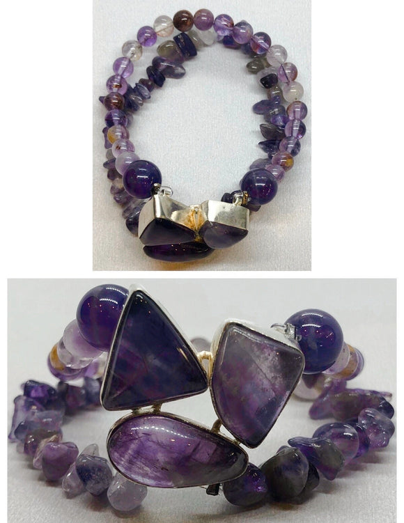 Amethyst Bracelet Set in 925 Silver with Amethyst & Super Seven Beaded Double Strand Bracelet