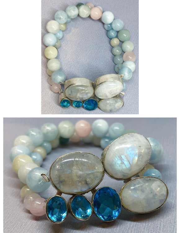 Moonstone & Blue Topaz Bracelet Set in 925 Silver with Morganite Crystal Beaded Double Strand Bracelet