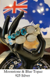 Moonstone and Blue Topaz set in 925 Silver with Double Stranded Moonstone, Blue Agate & Opalite Crystal Beaded Bracelet