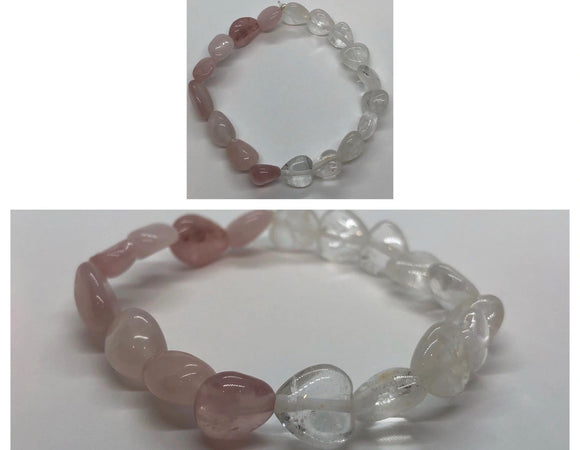 Rose Quartz Crystal & Clear Quartz Crystal Beaded Hearts Bracelet