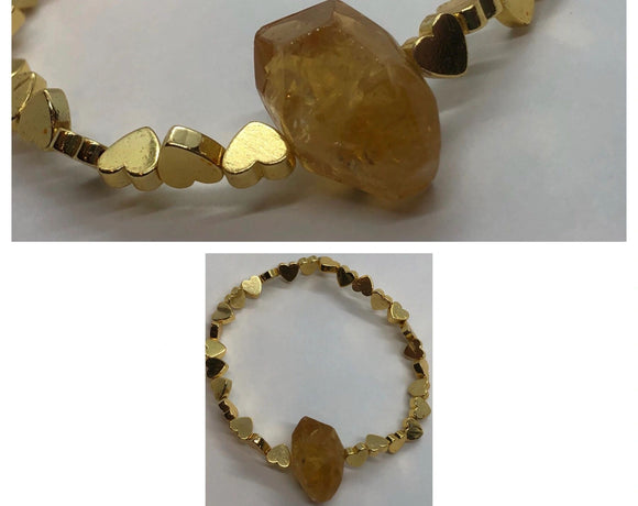 Gold Hematite Crystal Beaded Bracelet Hearts with Faceted Citrine Centrepiece