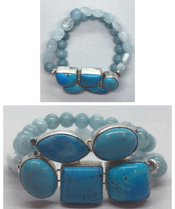 Turquoise Bracelet set in 925 Silver with Celestite & Aquamarine Double Strand Bracelet