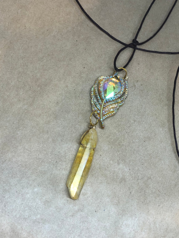 Sunshine Aura Quartz Crystal Peacock Feather Necklace