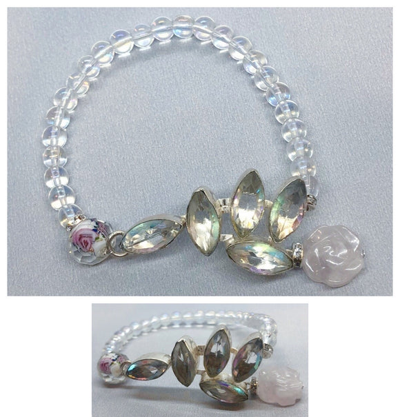 Clear Quartz Bracelet set in 925 Silver with Rose Quartz & Reflective Rainbow Beaded Bracelet