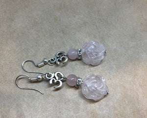 Rose Quartz Crystal Rose with Om Symbol Earrings