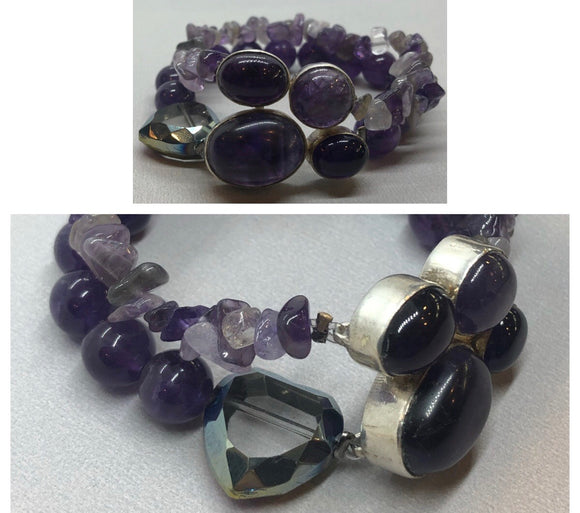 Amethyst set in 925 Silver with Amethyst Double Strand Beaded Bracelet