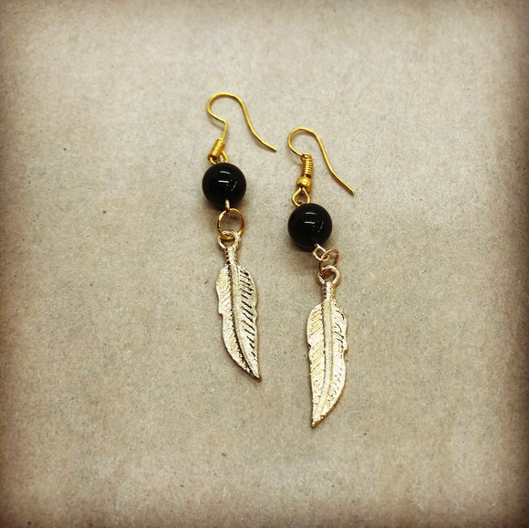 Gold Feather with Black Onyx Crystal Earrings