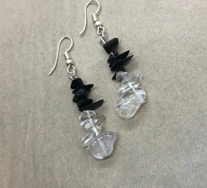 Black Obsidian & Clear Quartz Crystal Chips Yin Yang Earrings