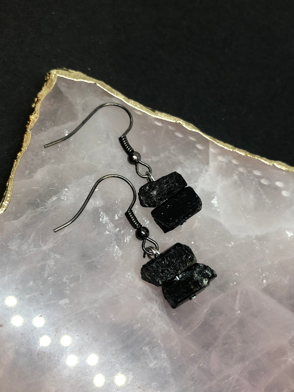 Raw Black Tourmaline Crystal Earrings