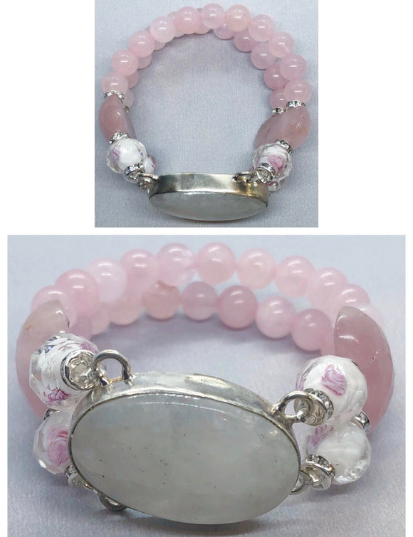 Moonstone Bracelet set in 925 Silver with Rose Quartz Crystal Double Stranded Bracelet