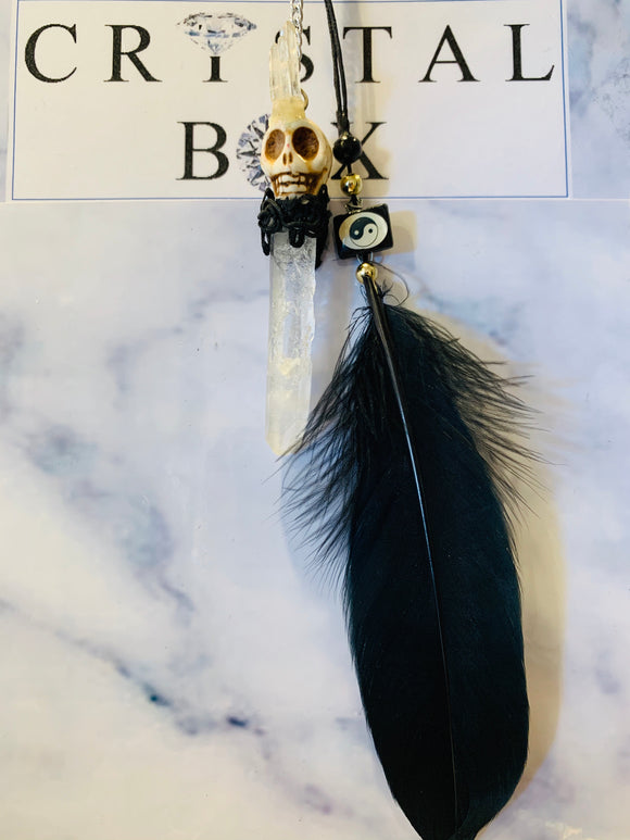 Skull Clear Quartz & Black Feather Sun Catcher