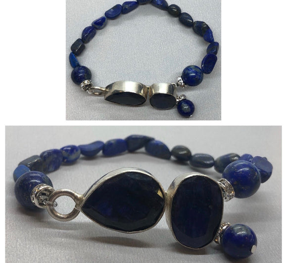 Blue Sapphire Bracelet set in 925 Silver With Lapis Lazuli Beaded Bracelet