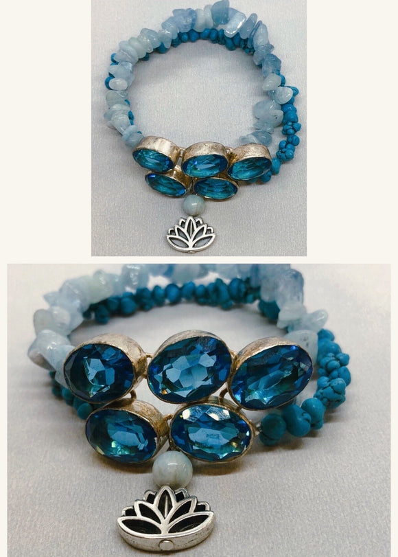 Blue Topaz Bracelet set in 925 Silver with Celestite & Turquoise Crystal Double Strand Beaded Bracelet