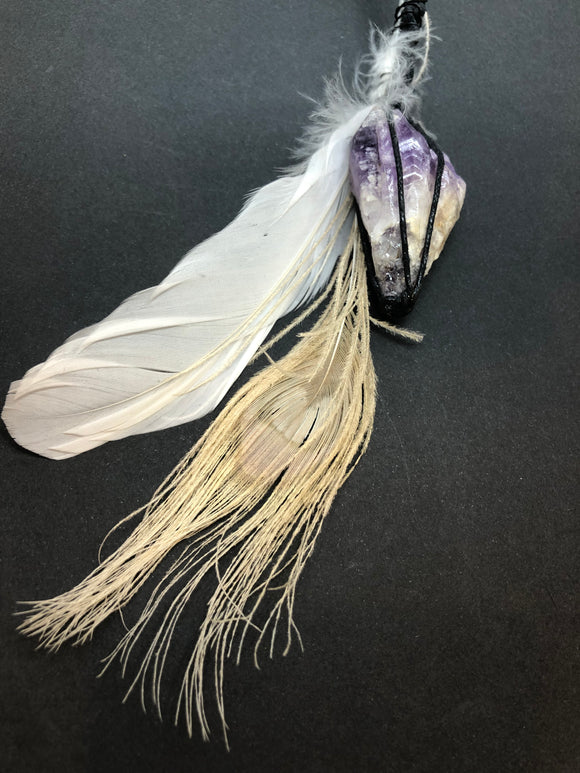 Suncatcher with White Peacock Feather and Raw Amethyst
