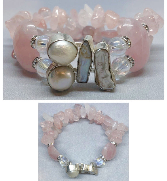 Pearls Bracelet set in 925 Silver with Rose Quartz Crystal Double Strand Beaded Bracelet