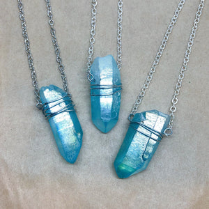 Aqua Aura Quartz Crystal Point Wired Necklace