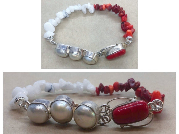 Pearl Bracelet set in 925 Silver With Red Coral & White Jade Crystal Beaded Bracelet