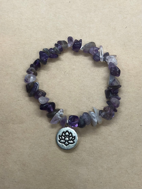 Amethyst Crystal Beaded Chips Bracelet with Lotus Flower Charm