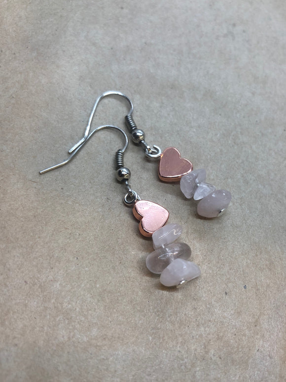Rose Quartz Crystal Chips with Rose Gold Hematite Crystal Hearts Earrings