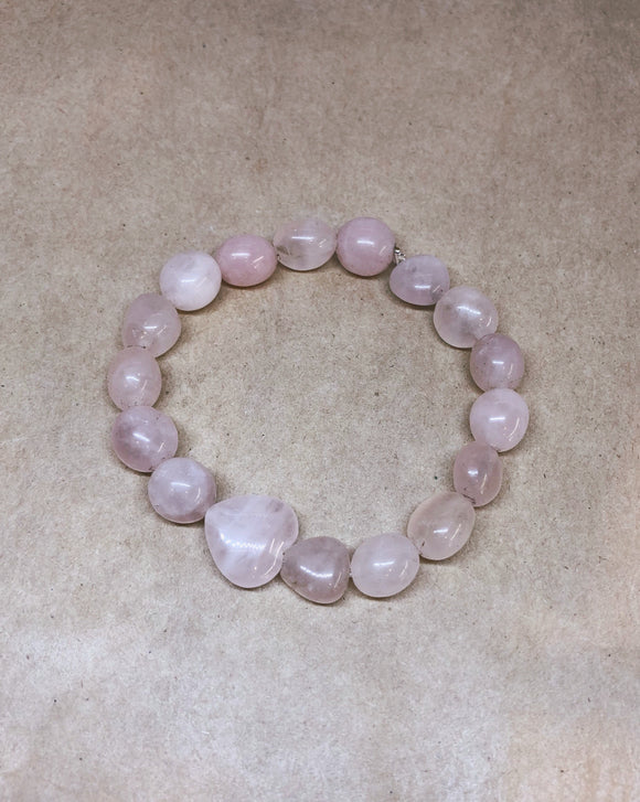 Rose Quartz Crystal Beaded Bracelet with Heart Charm