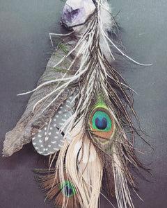 Feather Suncatcher with Peacock Feathers & Raw Amethyst