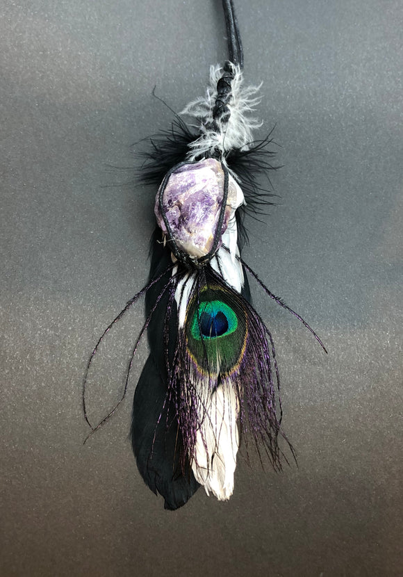 Sun Catcher with Peacock Feather & Raw Amethyst Crystal