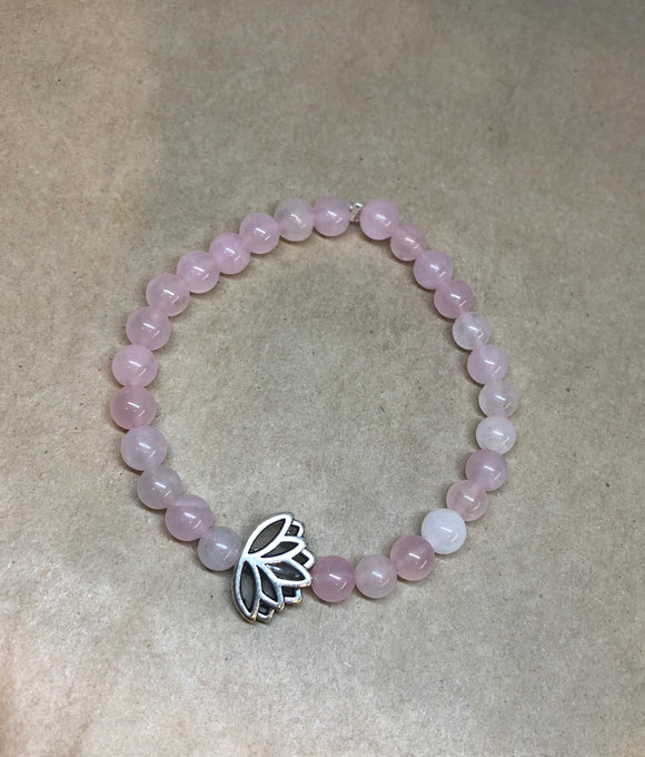 Rose Quartz Crystal Beaded Bracelet with Lotus Centrepiece