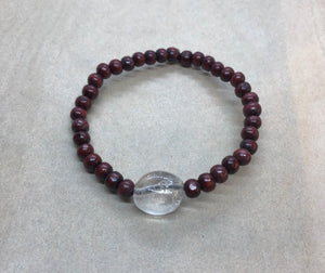 Red Wood Beaded Bracelet with Clear Quartz Crystal Centrepiece